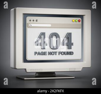 Il monitor retro con pagina 404 non ha trovato il codice di errore di connessione sulla pagina Web. Illustrazione 3D Foto Stock