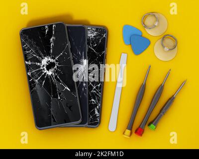 Strumenti di riparazione e smartphone con schermi rotti isolati su sfondo giallo. Illustrazione 3D Foto Stock