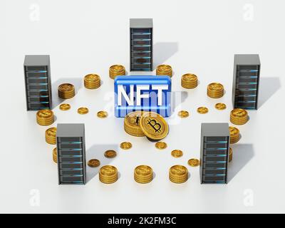 Crypto monete che collegano i server di dati con la parola NFT al centro. Illustrazione 3D Foto Stock