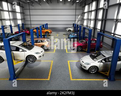 Negozio di riparazione auto o garage interno con auto sugli ascensori. Illustrazione 3D Foto Stock