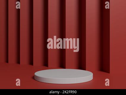 Composizione di rendering 3D semplice e minima con un podium a cilindro bianco o supporto su sfondo rosso astratto per la visualizzazione del prodotto Foto Stock