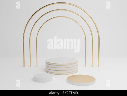 Bianco, grigio chiaro, nero e bianco 3D rendering semplice display prodotto cilindro podi con arco e linee oro di lusso tre stand minimo sfondo astratto composizione Foto Stock