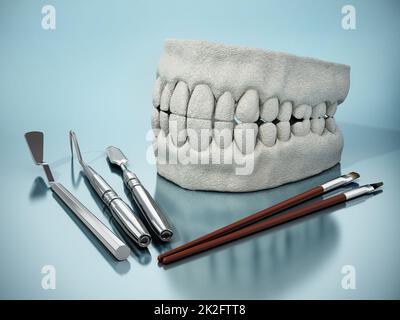 Strumenti di modellazione, modellazione e pittura dei denti artificiali. Illustrazione 3D Foto Stock