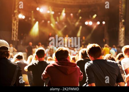 Spettacolo epico. Vista posteriore di un pubblico che guarda una performance in un festival musicale. Foto Stock