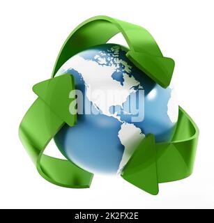 La Terra nel simbolo di riciclaggio Foto Stock
