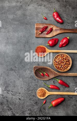 Varietà di peperoncini freschi e secchi Foto Stock