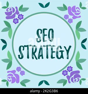 Segnale che mostra la strategia Seo. Concetto che significa tecniche e tattiche per aumentare i visitatori di un sito web Foto Stock