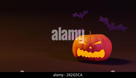 3D rendering di jack o lanterna con faccia arrabbiata e pipistrelli su sfondo marrone durante la celebrazione di Halloween Foto Stock