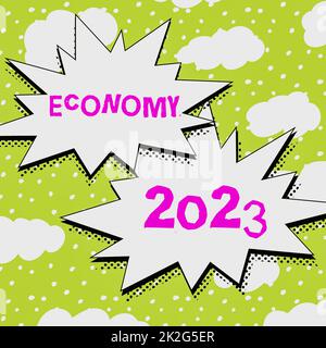 Scrittura visualizzazione testo Economy 2023. Parola scritta sullo stato di ricchezza e risorse di un paese nel prossimo anno Foto Stock