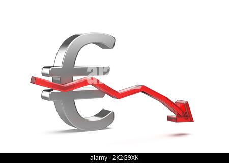 Simbolo dell'euro con freccia rossa rivolta verso il basso Foto Stock