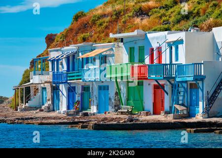 Villaggio di pescatori greco Klima sull'isola di Milos in Grecia Foto Stock