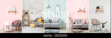 Collage di eleganti interni del soggiorno con cornici fotografiche Foto Stock