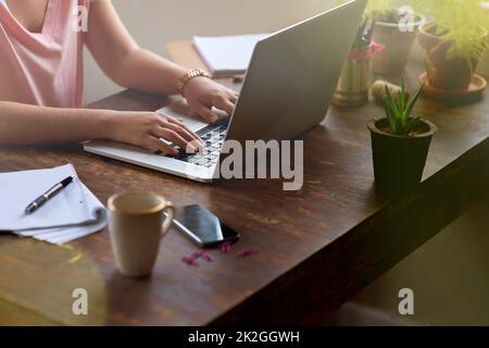 Le idee fluiscono.... Scatto ritagliato di una donna che lavora sul suo laptop con una penna e un notebook accanto a lei. Foto Stock