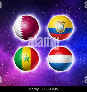 Palline da calcio con bandiere squadre del gruppo A, competizione di calcio Qatar 2022. Illustrazione 3D. Spazio cielo sfondo Foto Stock