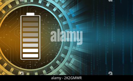 Concetto di energia elettrica e fonte di alimentazione - batteria accumulatore in carica al centro di vari elementi grafici sullo sfondo tecnologico Foto Stock