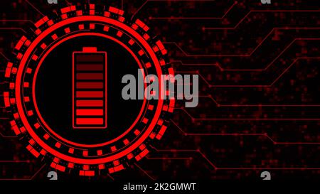 Concetto di energia elettrica e fonte di alimentazione - batteria dell'accumulatore in carica al centro di vari elementi grafici sullo sfondo della tecnologia digitale Foto Stock
