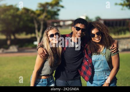 Occhiali da sole su. Ritratto di un gruppo di giovani amici allegri in posa per una foto insieme indossando occhiali da sole all'esterno di un parco. Foto Stock