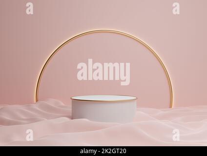 Pastello, rosso chiaro, rosa salmone 3D rendering lussuoso prodotto esposizione podio o stand composizione minima con arco in oro linea di sfondo e luce Foto Stock