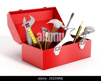 Cassetta degli attrezzi rossa piena di attrezzi manuali Foto Stock