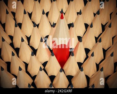 Matita rossa che spicca tra le matite nere Foto Stock