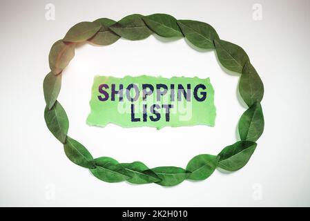 Scrittura visualizzazione testo elenco acquisti. Parola scritta sull'approccio di disciplina agli articoli di base di shopping da comprare Foto Stock