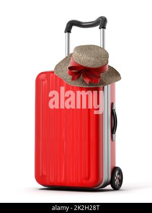 Cappello in piedi sulla valigia rossa Foto Stock