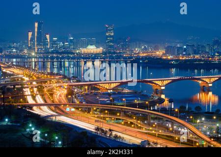 Seul cityscape in Twilight, Corea del Sud. Foto Stock