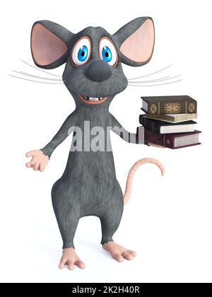 3D rendering di un mouse cartoon che contiene un mucchio di libri. Foto Stock