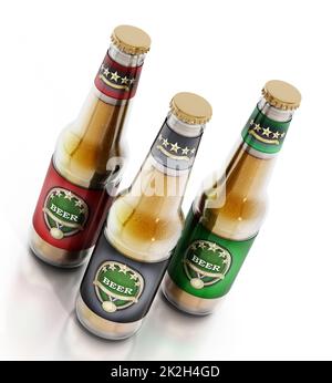 Bottiglie di birra con tre etichette diverse Foto Stock