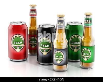 Bottiglie di birra e lattine di alluminio con tre etichette diverse Foto Stock