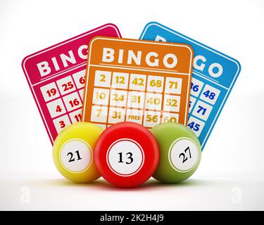 Palle e carte Bingo. Illustrazione 3D Foto Stock