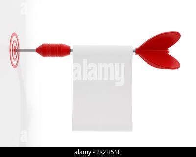 La freccetta rossa con carta bianca colpisce il bersaglio. Illustrazione 3D Foto Stock