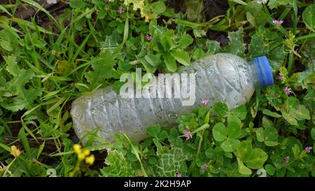 Inquinamento plastico. Svuotare le bottiglie di plastica sull'erba. Concetto di inquinamento. Scartare i pacchetti di bevande vuoti Foto Stock