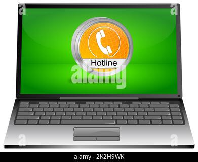 Notebook con pulsante Hotline arancione sul desktop verde - illustrazione 3D Foto Stock