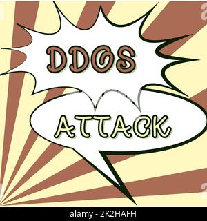 Didascalia di testo che presenta un attacco DDoS. Concetto che significa che l'autore cerca di rendere le risorse di rete non disponibili Foto Stock