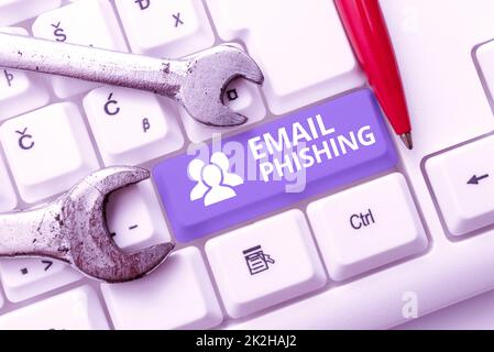 Ispirazione che mostra il segno Email PhishingEmail.com che può collegarsi a siti web che distribuiscono malware. Parola per i email che possono collegare ai Web site che Foto Stock