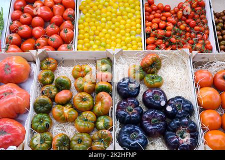 Pomodori in diversi colori e forme per la vendita in un mercato Foto Stock