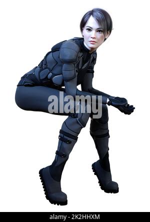 3D rendering Female Sceince Fiction Warrior on White Foto Stock