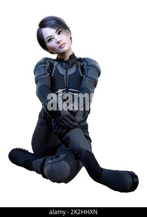 3D rendering Female Sceince Fiction Warrior on White Foto Stock