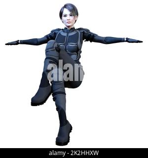 3D rendering Female Sceince Fiction Warrior on White Foto Stock