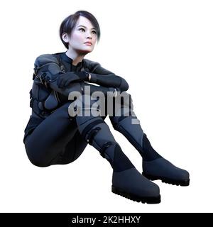 3D rendering Female Sceince Fiction Warrior on White Foto Stock