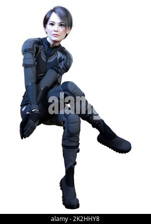 3D rendering Female Sceince Fiction Warrior on White Foto Stock