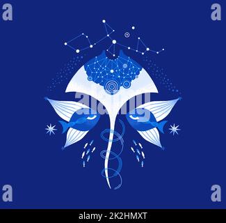 Stingray cosmico e pesce. Vita subacquea magica. Composizione marina spaziale. Creature oceaniche Foto Stock