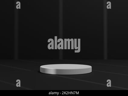 Composizione di rendering 3D semplice e minima con un cilindro bianco podium o supporto su sfondo nero ombra con righe astratto o grigio scuro per l'esposizione del prodotto. Foto Stock