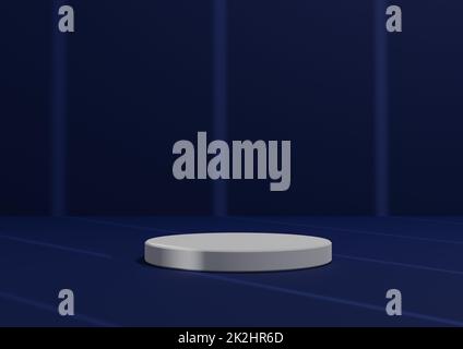 Composizione di rendering 3D semplice e minima con un cilindro bianco podium o Stand on Abstract Striped Shadow Dark, sfondo blu marino per la visualizzazione del prodotto. Foto Stock