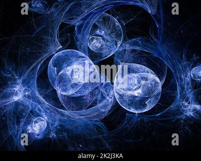 Astratto sfondo artistico frattale, suggestivo di astronomia e nebulosa. Immagini frattali generate dal computer con bolle blu Foto Stock