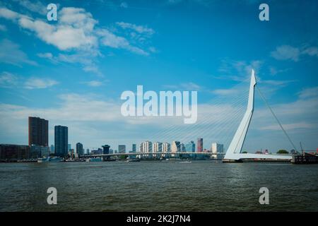 Vista di Rotterdam su Nieuwe Maas con il ponte Erasmusbrug. Rottherdam, Paesi Bassi Foto Stock