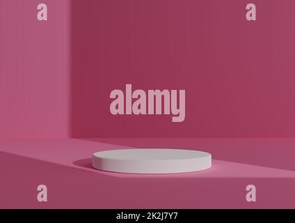 Composizione di rendering 3D semplice e minimale con un cilindro bianco podium o supporto su sfondo Abstract Shadow Pink brillante per la luce della finestra di visualizzazione del prodotto proveniente dal lato destro Foto Stock