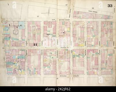 Cartografica, Mappe. 1868. Lionel Pincus e Princess Firyal Mappa Divisione 33: Mappa delimitata da First Street, Essex Street, Rivington Street, Bowery; compresa Stanton Street, Christie Street, Forsyth Street, Eldridge Street, First Avenue, Allen Street, Orchard Street, Ludlow Street, Avenue A. Foto Stock