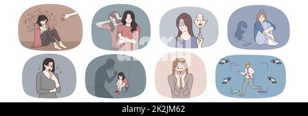 Insieme di persone stressate soffrono di paranoia o attacco Foto Stock